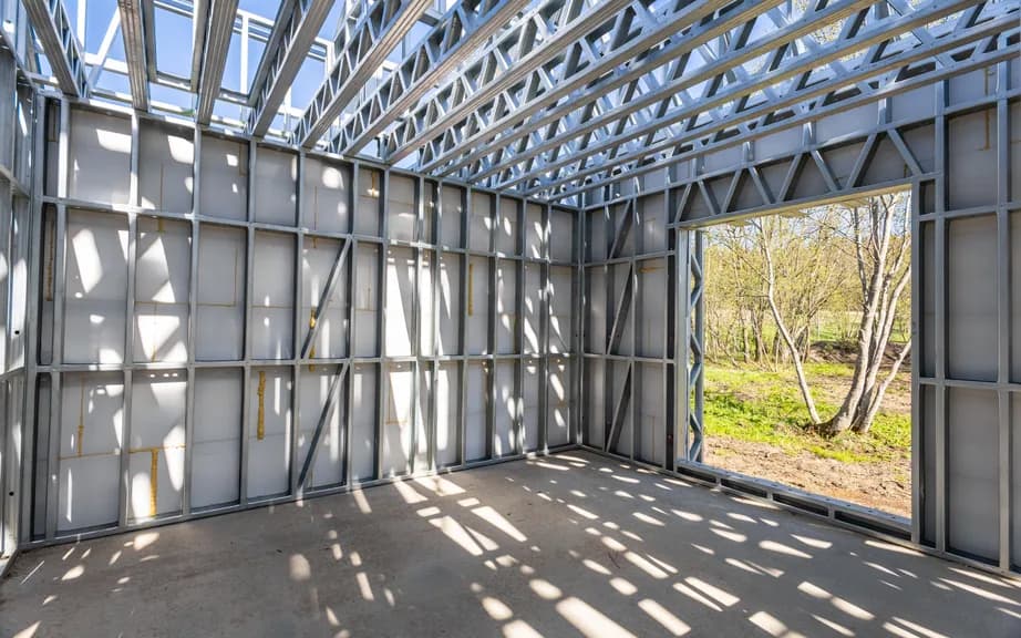 Steel frame clad in insulated sandwich panels